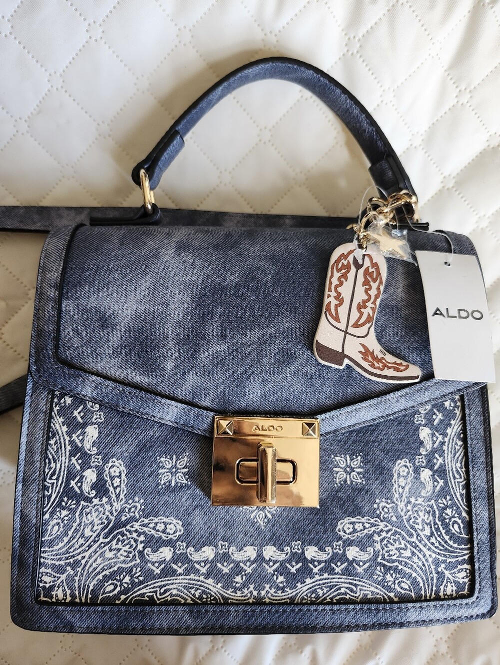 ALDO Pattern Blue Top-Handle Satchel with Gold Hardware